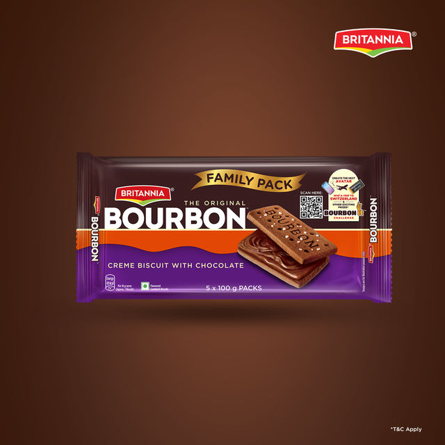 Britannia The Original Bourbon Chocolate Cream Biscuits | Trans Fat-free | Buy 4 Get 1 Free