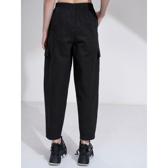 Tokyo Talkies Women's Mid Rise Mom Fit Cargo Trouser | Black - 30