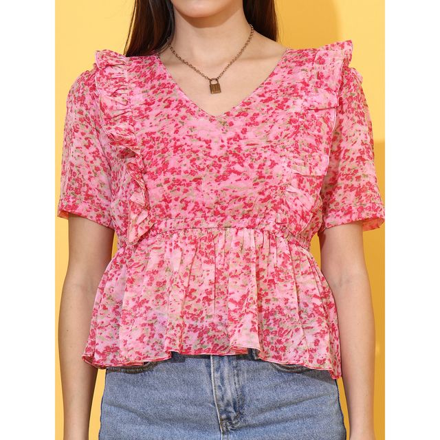 Sheetal Women's Floral Print Peplum Top | 5216 | Pink - XL