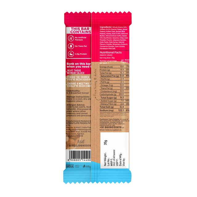 Yogabar Multigrain Energy Bars Vanilla Almond, Nuts, Oats and Millets, Gluten Free, Protein Bar 35 g Combo