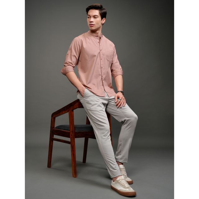 Highlander Men Solid Long Roll-Up Sleeves Slim Fit Casual Shirt | Pink | S