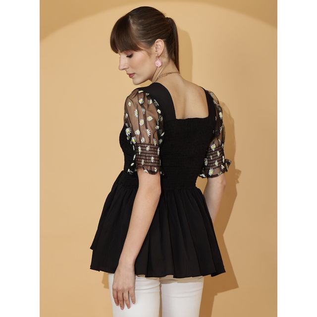 Sheetal Women's Self Design Gathered Top | 5171 | Black - S