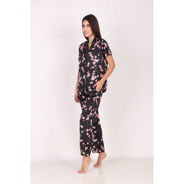 Masha Women's Spring Flower Black Satin Pajamas | Set | M