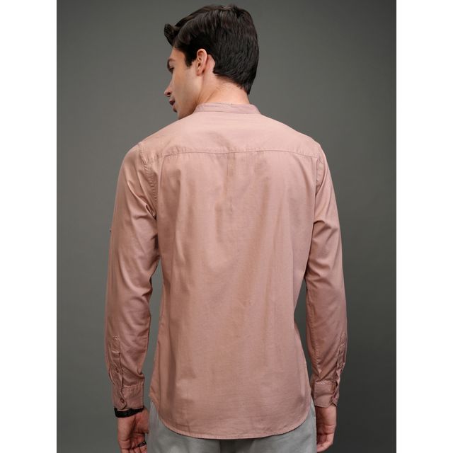 Highlander Men Solid Long Roll-Up Sleeves Slim Fit Casual Shirt | Pink | S
