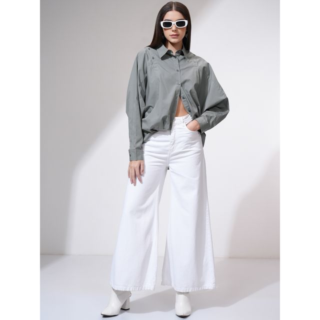 Tokyo Talkies Women's Solid Dropshoulder Oversized Fit Shirt | Grey - M
