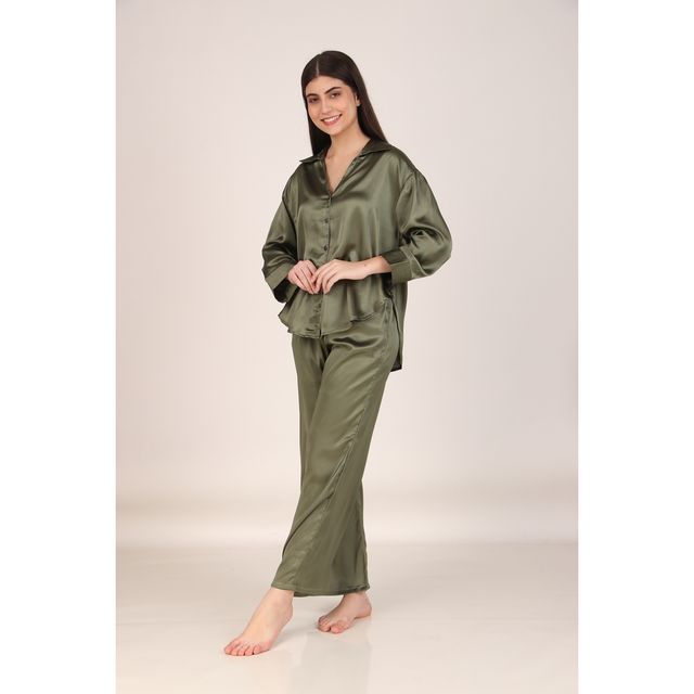 Masha Women's Solid Olive Oversized Pajamas | Set | L