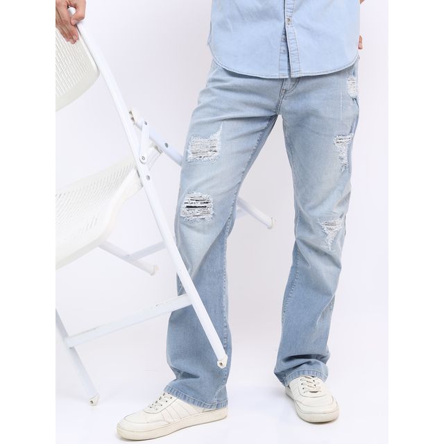 Highlander Men's Bootcut Mildly Distressed Light Fade Cotton Stretchable Jeans | Blue - 32