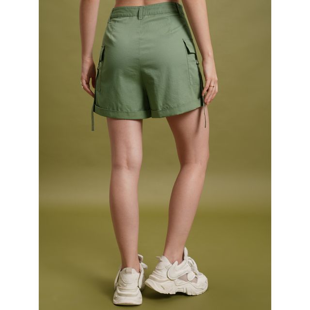 Tokyo Talkies Women's Mid Rise Cotton Shorts | Green - 30