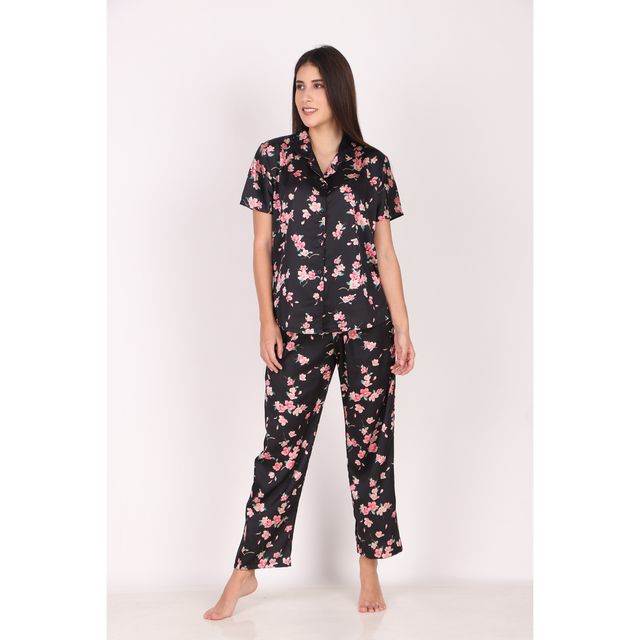 Masha Women's Spring Flower Black Satin Pajamas | Set | M