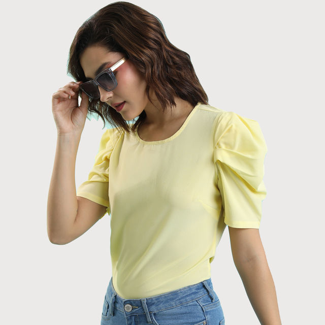 Buy Tokyo Talkies Women's Round Neck Puff Sleeves Top | Yellow - M