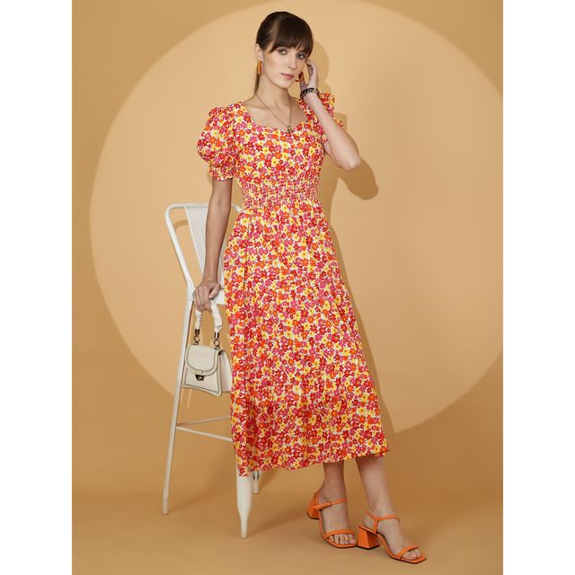 Sheetal Women's Floral Puff Sleeve Crepe Fit & Flare Midi Dress | 11614 | Multicolor - M
