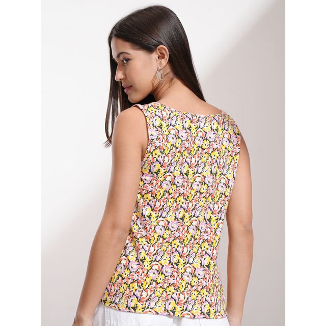 Tokyo Talkies Women's Floral V Neck Sleeveless Knit Top | Multicolour - S