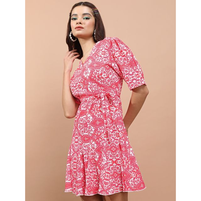 Tokyo Talkies Women's Fuchsia Floral Print A-Line Dress | Pink - M