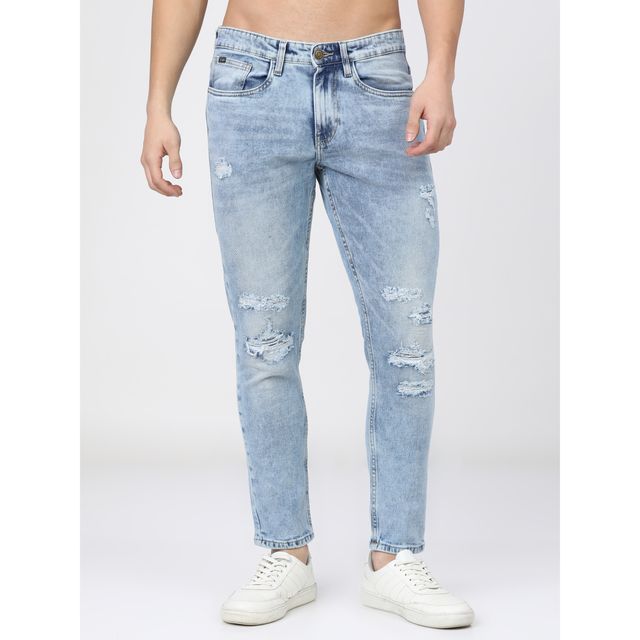 Highlander Men's Tapered Fit Mildly Distressed Heavy Fade Stretchable Jeans | Blue - 34