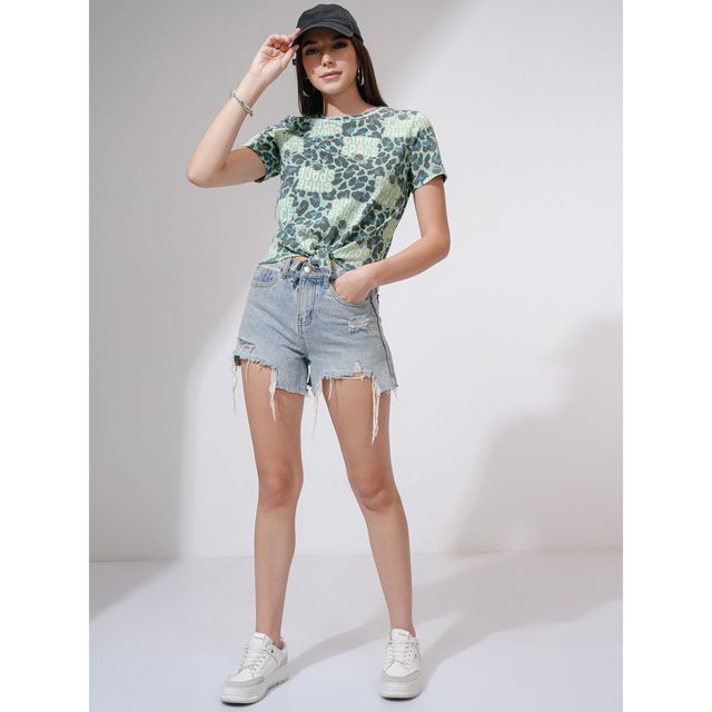 Tokyo Talkies Women's Multi Printed Cropped Front Tie Up T-shirt | Teal - S