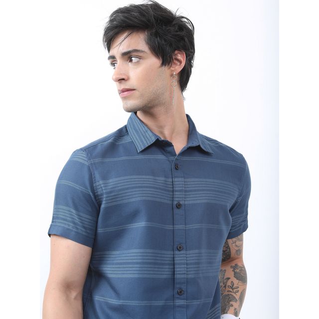 Highlander Slim Fit Horizontal Stripes Striped Casual Shirt | Teal | M