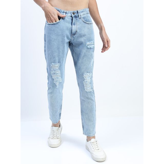 Highlander Men's Tapered Fit Highly Distressed Heavy Fade Stretchable Jeans | Light Blue - 34