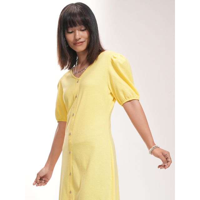 Tokyo Talkies Women's Yellow Textured A-Line Knitted Mini Dress | Yellow | M