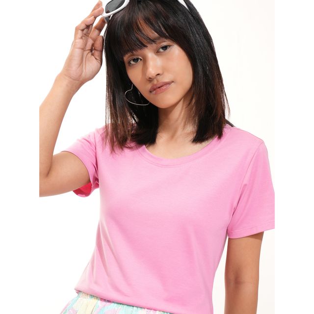 Tokyo Talkies Women's Solid Round Neck Short Sleeve Long T-shirt | Pink - S