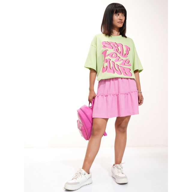 Tokyo Talkies Women's Oversized Drop Shoulder Round Neck T-shirt | Green - S