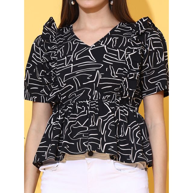 Sheetal Women's Printed Puff Sleeve Peplum Crepe Top | 5211 | Black - XL