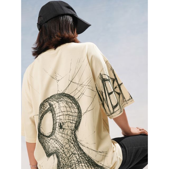 Tokyo Talkies Women's Spiderman Printed Oversized T-shirt | Beige - XL