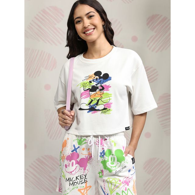 Tokyo Talkies Women's Disney Mickey Mouse Printed T-shirt & Short Set | White - L