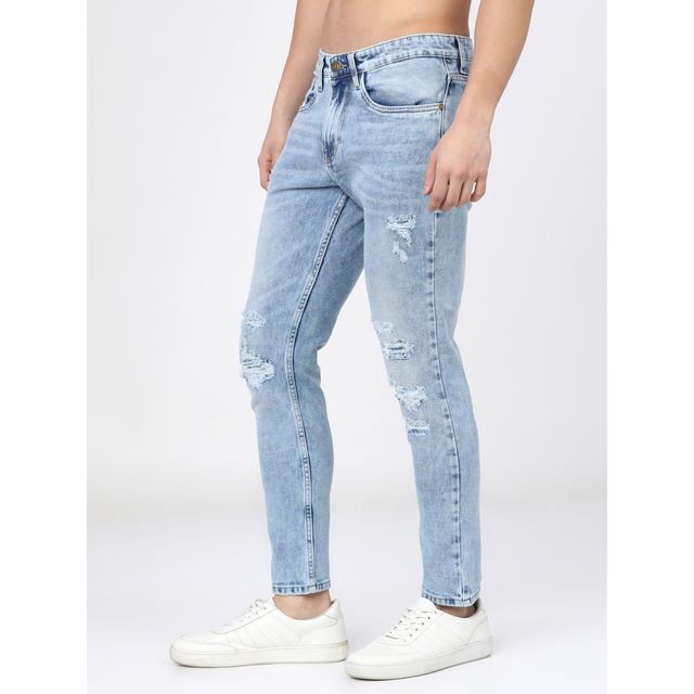Highlander Men's Tapered Fit Mildly Distressed Heavy Fade Stretchable Jeans | Blue - 34