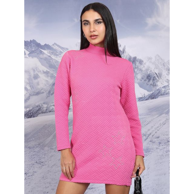Tokyo Talkies Women's Self Design Embellished Sheath Mini Dress | Pink - L