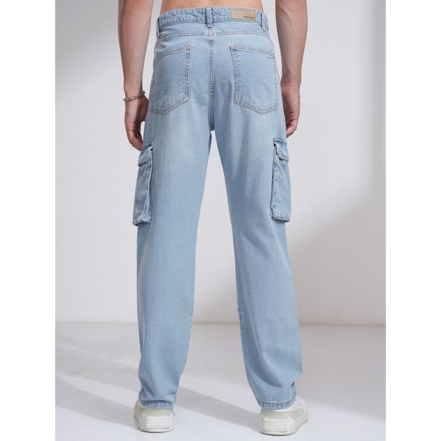 Highlander Men's Blue High Rise Straight Fit Cargo Jeans | Blue - 38