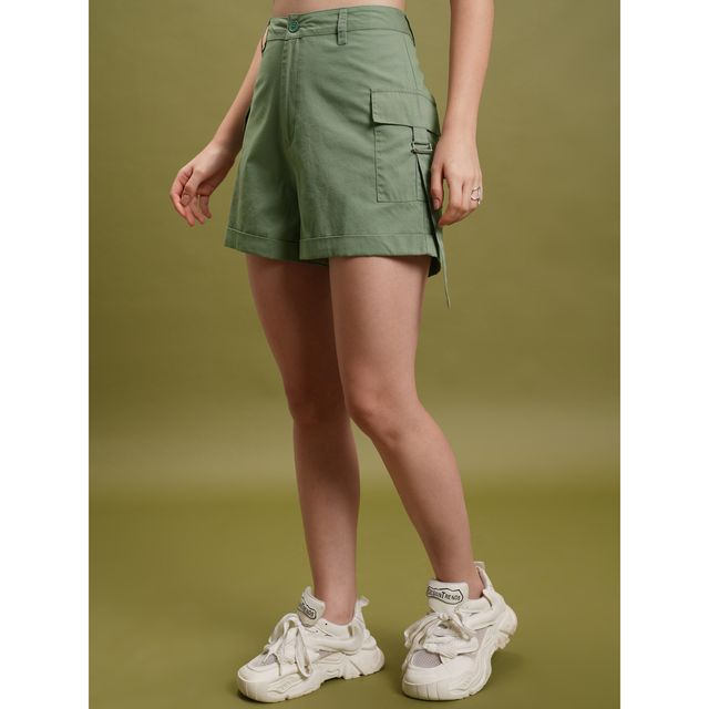 Tokyo Talkies Women's Mid Rise Cotton Shorts | Green - 30