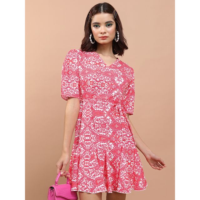 Tokyo Talkies Women's Fuchsia Floral Print A-Line Dress | Pink - M