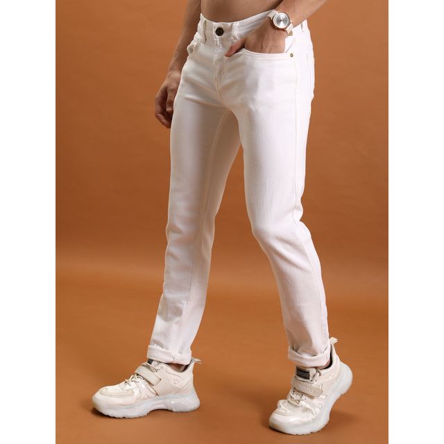 Highlander Men's Straight Fit Mid-Rise Light Shade Clean Look Stretchable Jeans | White - 30