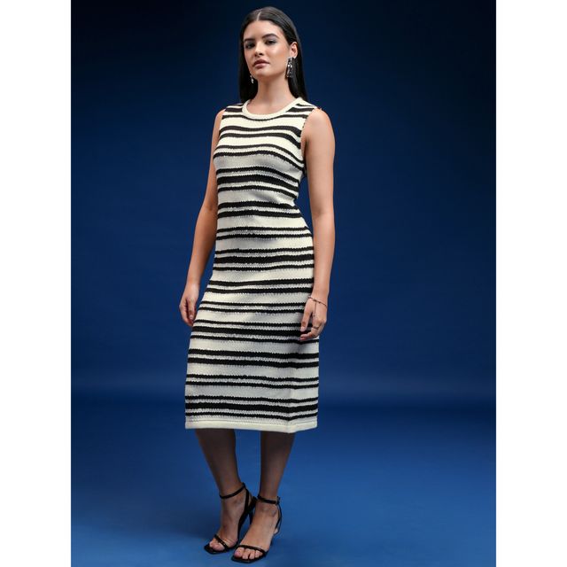 Tokyo Talkies Women's Tofu & Jet Black Sleveless Striped Sheath Sweater Dress | Black - L