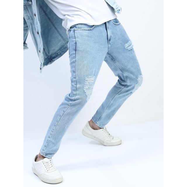 Highlander Men's Tapered Fit Highly Distressed Heavy Fade Stretchable Jeans | Light Blue - 34