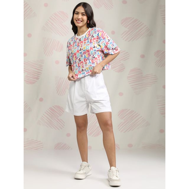 Tokyo Talkies Women's Disney Mickey & Friends Print Boxy Crop T-shirt | White - S
