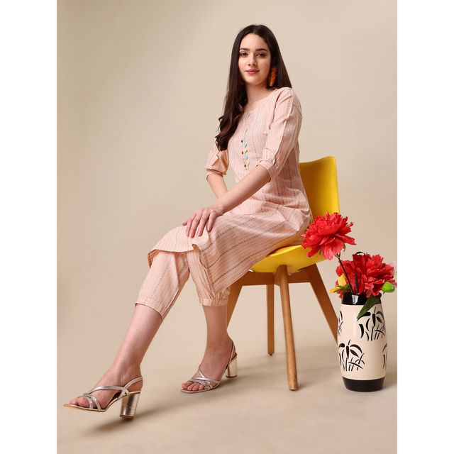 Youthnic Cotton Blend Women s Striped Work Straight Kurta With Pant | BT5 - - Rangsari Peach | M
