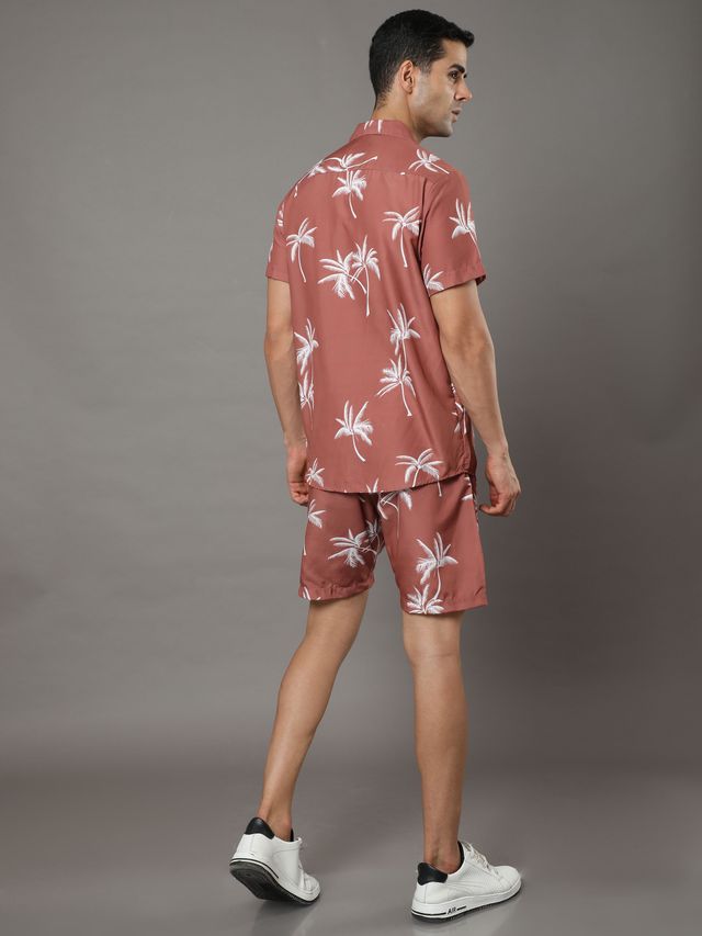Bushirt Men's Palm Tree Co-ord Set | Pecan Brown - XL