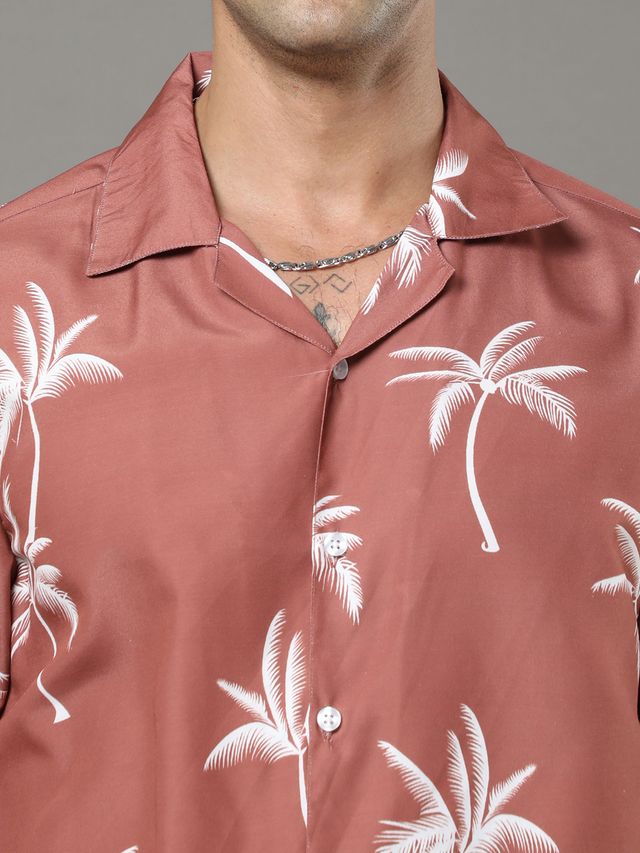Bushirt Men's Palm Tree Co-ord Set | Pecan Brown - XL