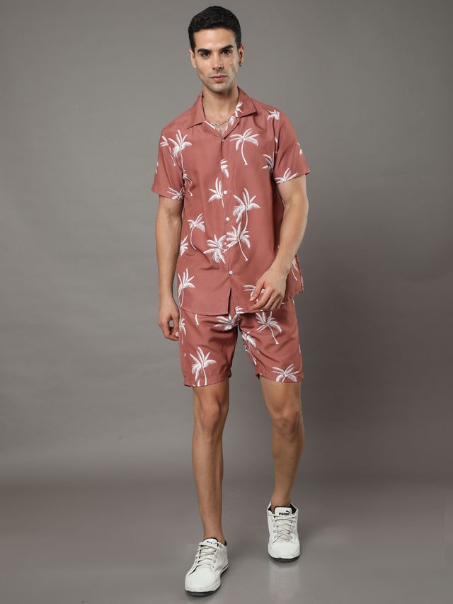 Bushirt Men's Palm Tree Co-ord Set | Pecan Brown - XL