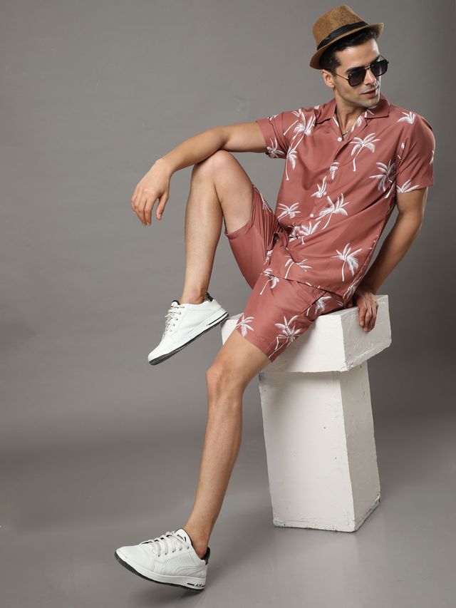 Bushirt Men's Palm Tree Co-ord Set | Pecan Brown - XL