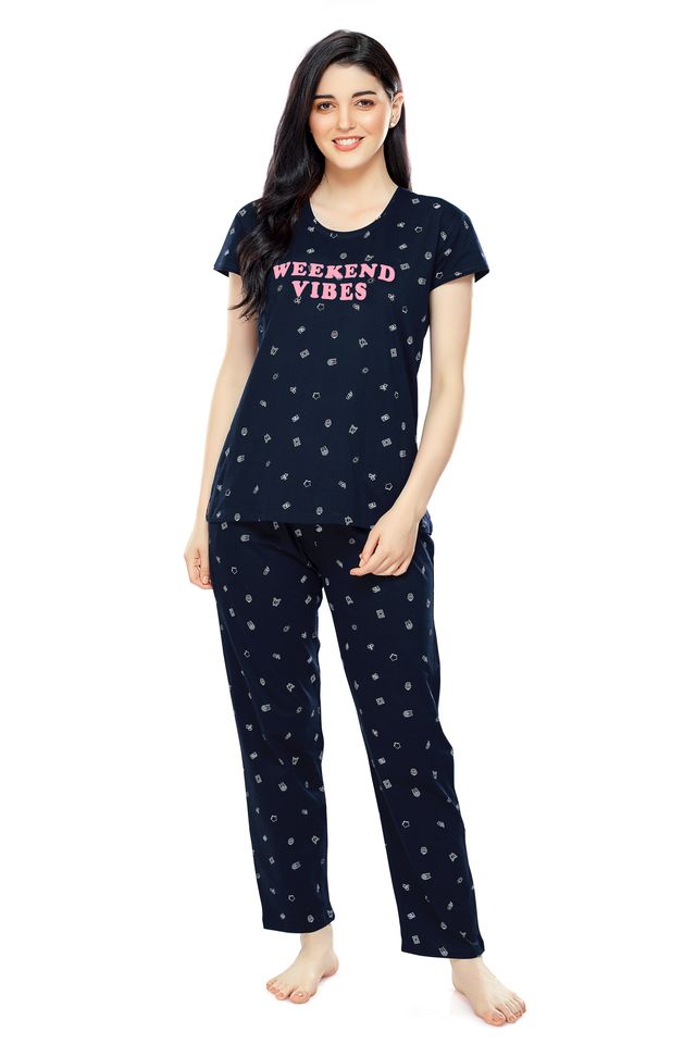Zeyo Women's Cotton Printed Navy Blue Night Suit Set of Top & Pyjama | 5304-M