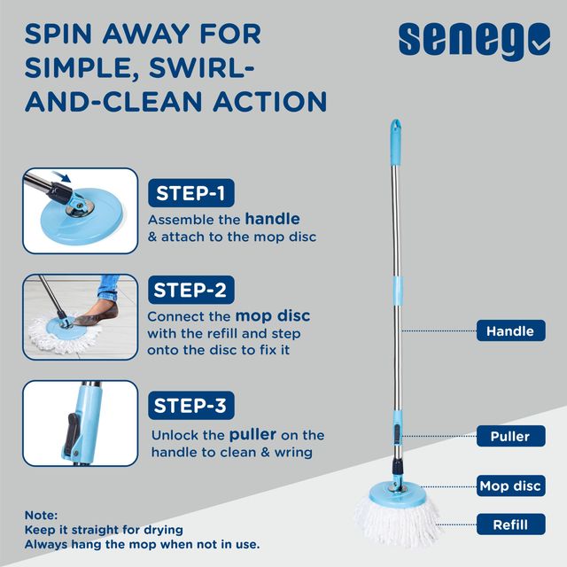 Senego Twin Bucket Spin Mop with Wheels  | Blue - 2 Refills
