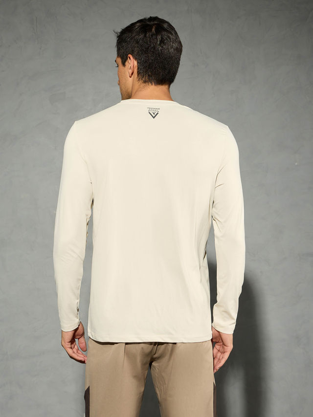 Technosport Men's Poly Solid Slim Fit Round Neck Full Sleeve Sports T-shirt | Oat Meal - 2XL