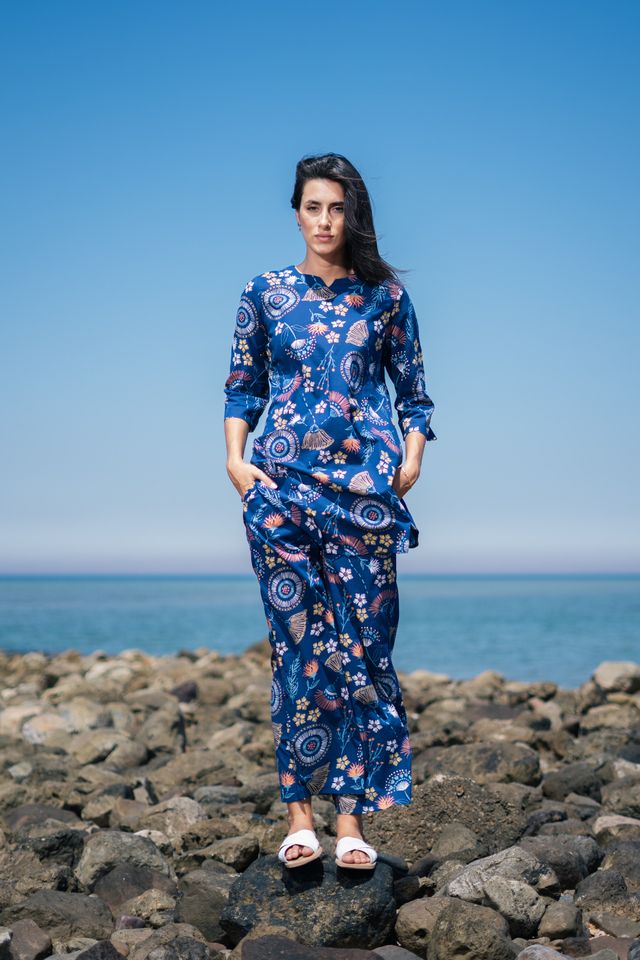 Sanskrutihomes Ethnic Motif Pure Cotton Top & Trouser Co-Ord Set | Navy Blue - L