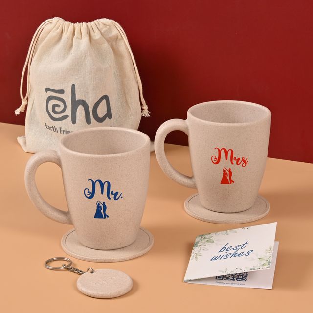Eha Earth-Friendly Mr & Mrs Coffee Mugs | 300 ml | Set of 2 | Rice Husk | Sand Castle