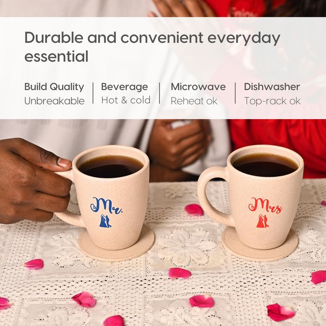 Eha Earth-Friendly Mr & Mrs Coffee Mugs | 300 ml | Set of 2 | Rice Husk | Sand Castle