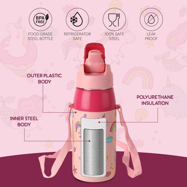 Cello Plastic Kidzbee Era Pink Parade Water Bottle PU Insulation Kids Bottle | Pink - 450 ml
