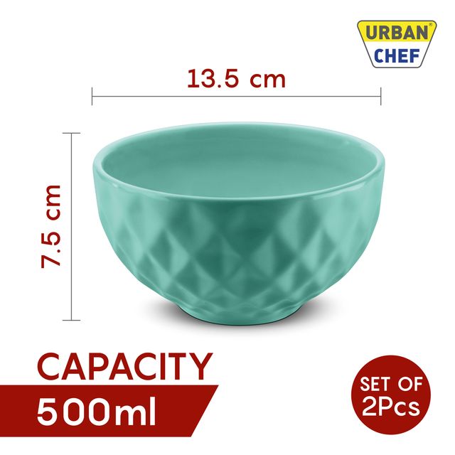 Urban Chef Diamond Ceramic Bowl - Sea Green 2 Pcs | Set of 2 - 500 Each