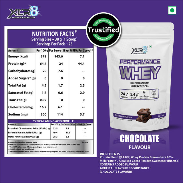 XLR8 Performance Whey Protein Powder With 24 G Protein, 5.4g BCAA (2Pounds Chocolate)